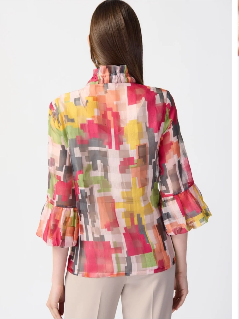 Joseph Ribkoff Size 10 Pixelated Geometric Ruffle-Front Sheer Blouse - Picture 3 of 16